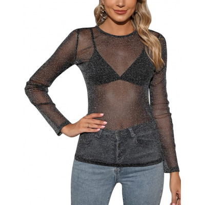 Festival Haut Transparent Femme T-Shirt à Manches Longues Pailleté myfestival 